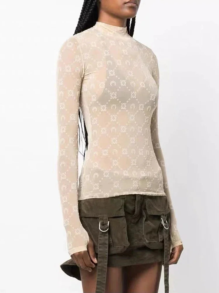 Spring Fashion and Sexy Perspective Women's Pullover Mesh T-Shirt New Semi High Neck Long Sleeved Slim Fit Elastic Women T-Shirt